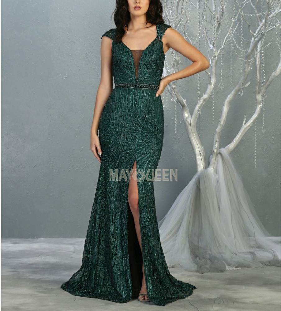 GREEN-BLUE-ROSE GOLD PROM FITTED GOWN WITH LEG SLIT
